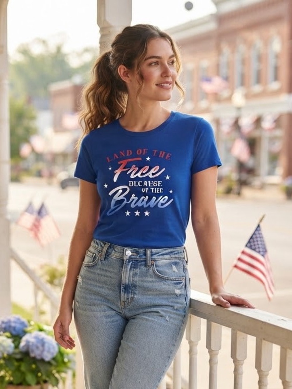 Women’s Patriotic Graphic Tee in Blue - Land of the Free